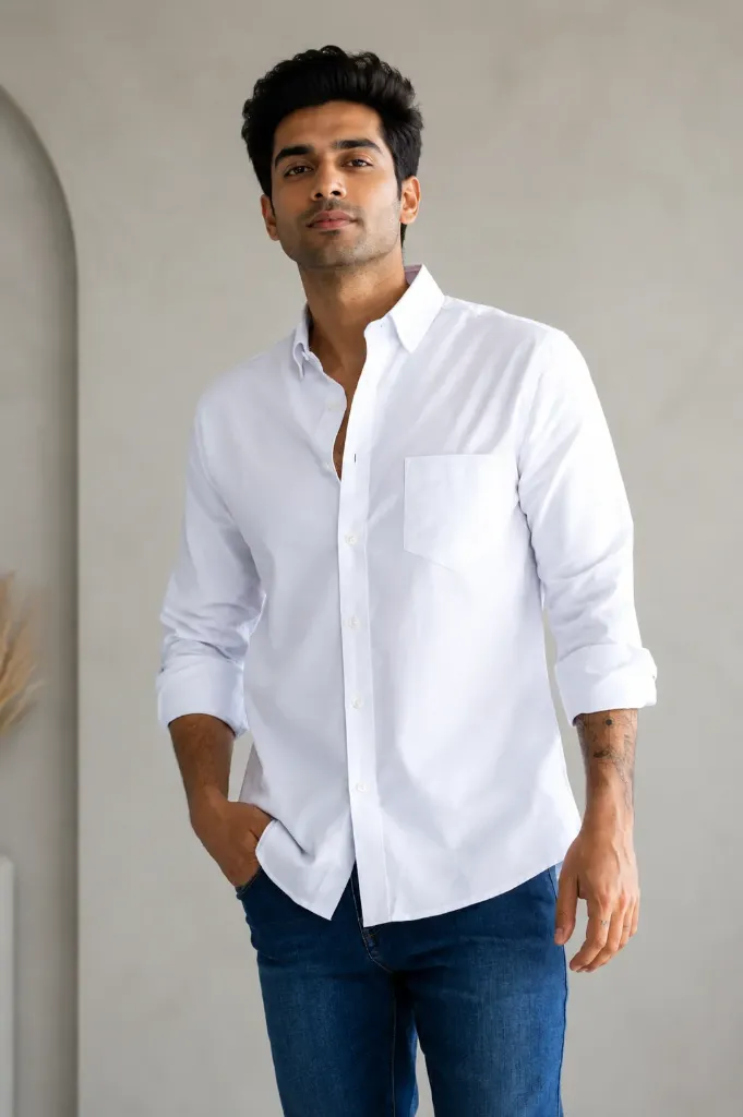 Men's Premium White Oxford Cotton Shirt | Full Sleeve | Regular Fit | Formal  Casual Wear
